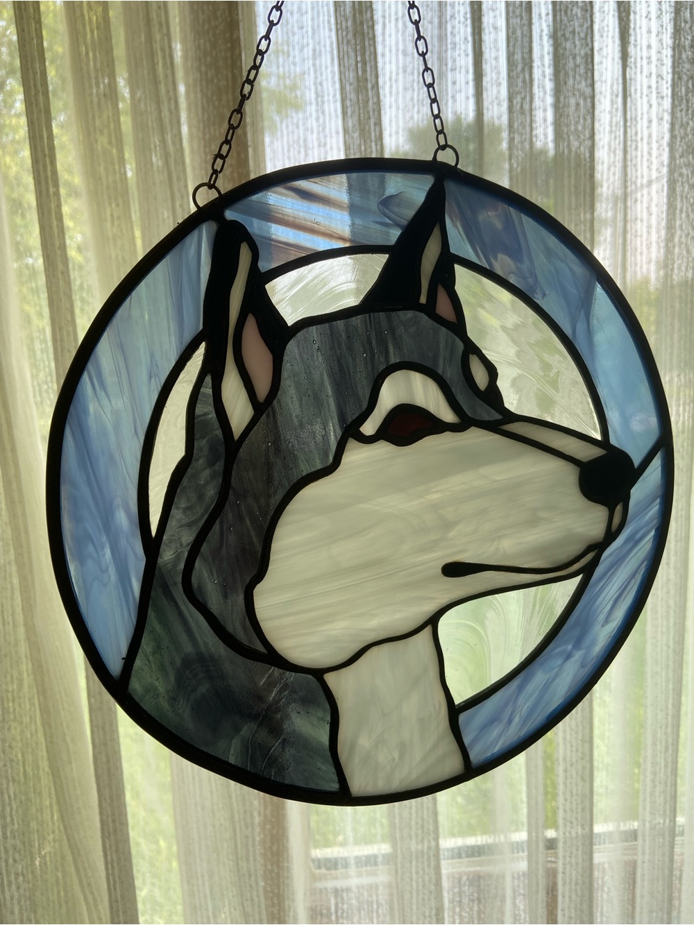 Stained Glass Husky Dog Window Art Sun Catcher 10” Signed by Artist